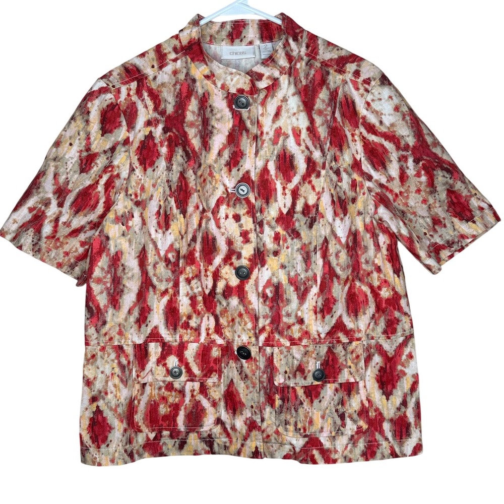Chicos Size 2 Linen Blend Short‎ Sleeve Blazer Jacket Abstract Print Red Beige